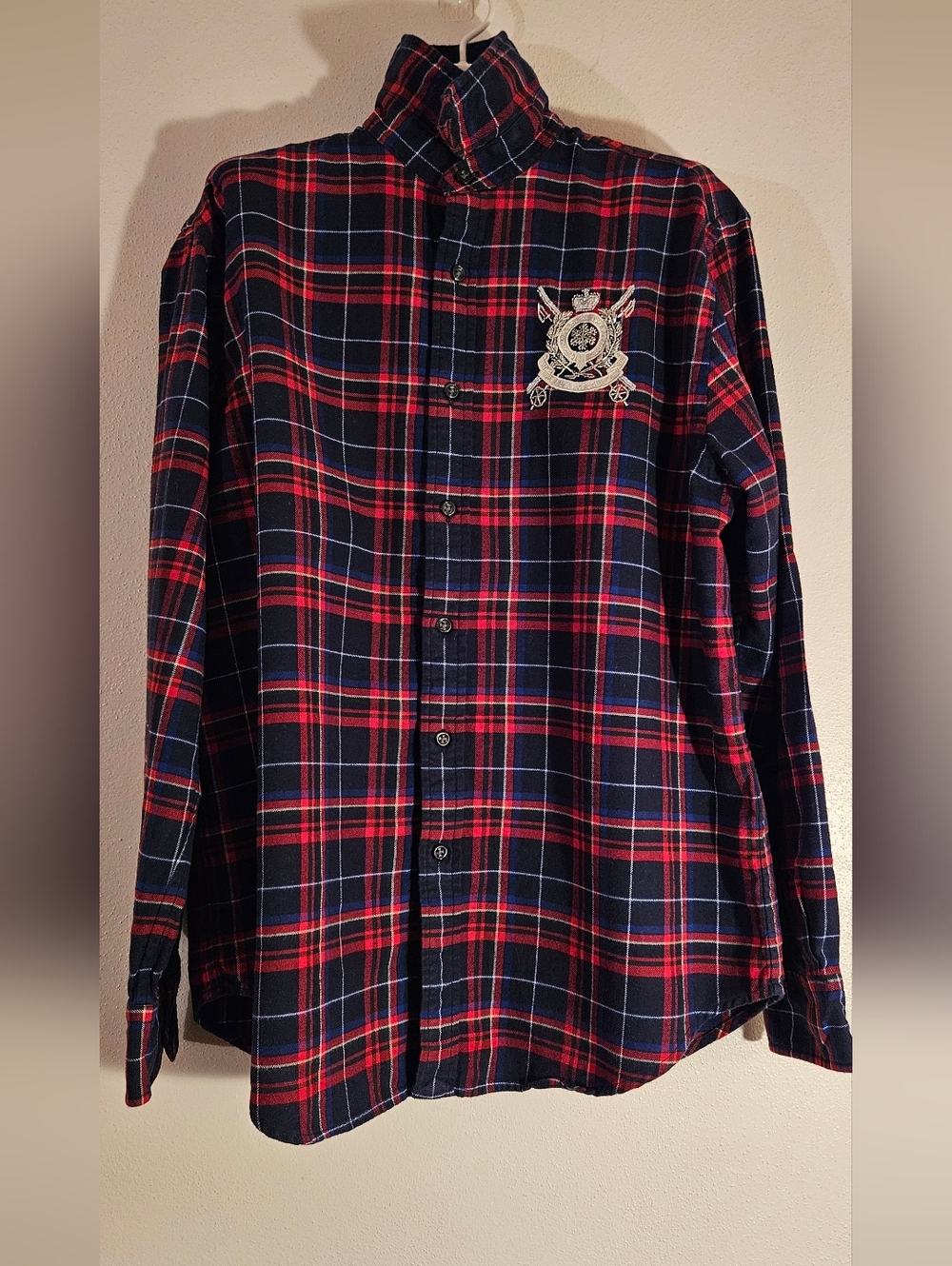 Ralph Lauren Red & Navy Plaid Button-Down Shirt with Embroidered Crest